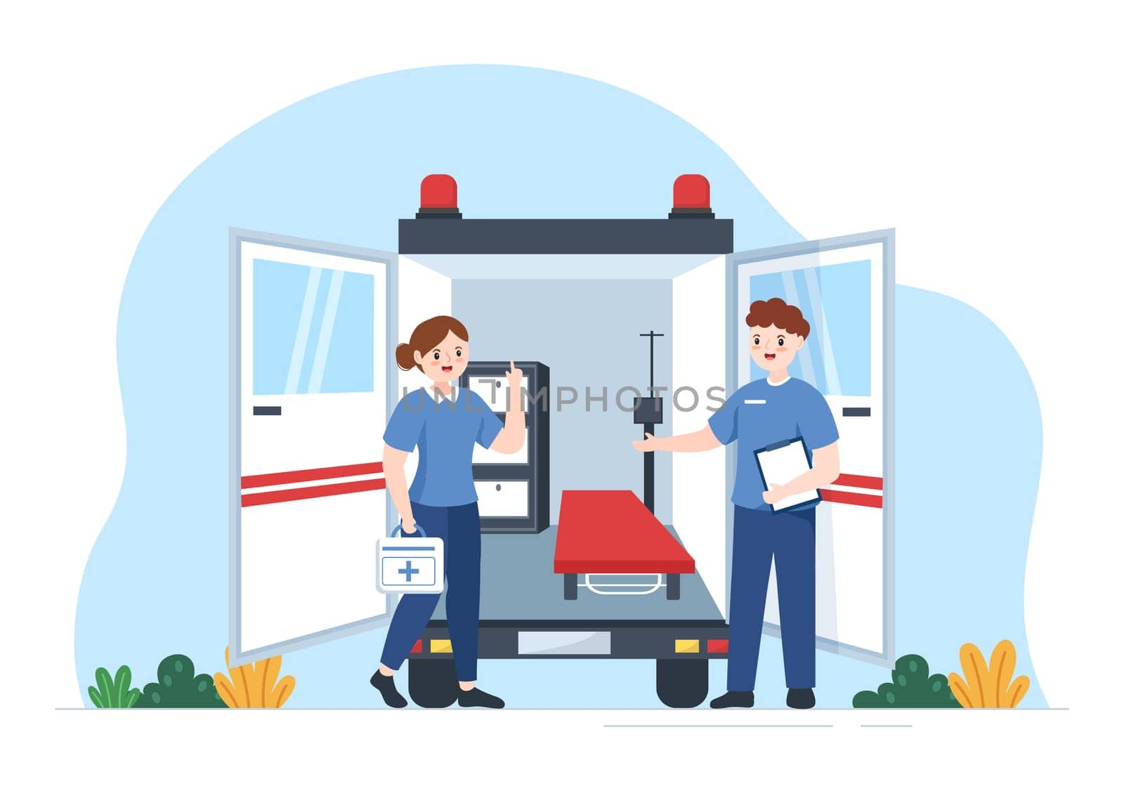 Medical Vehicle Ambulance Car or Emergency Service for Pick Up Patient the Injured in an Accident in Flat Cartoon Hand Drawn Templates Illustration