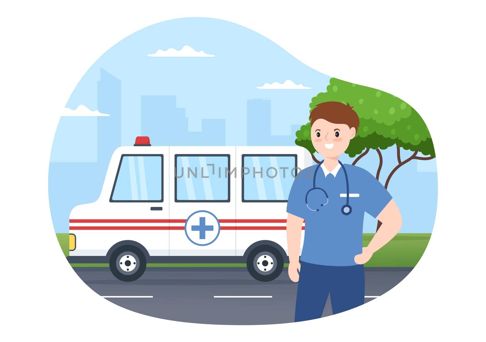 Medical Vehicle Ambulance Car or Emergency Service for Pick Up Patient the Injured in an Accident in Flat Cartoon Hand Drawn Templates Illustration