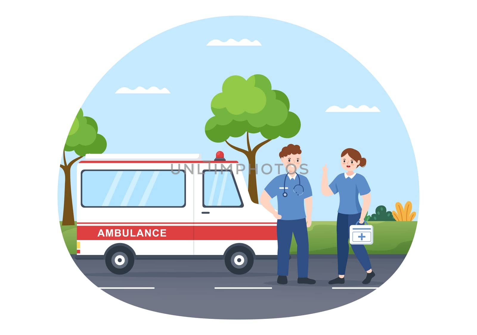 Medical Vehicle Ambulance Car or Emergency Service for Pick Up Patient the Injured in an Accident in Flat Cartoon Hand Drawn Templates Illustration