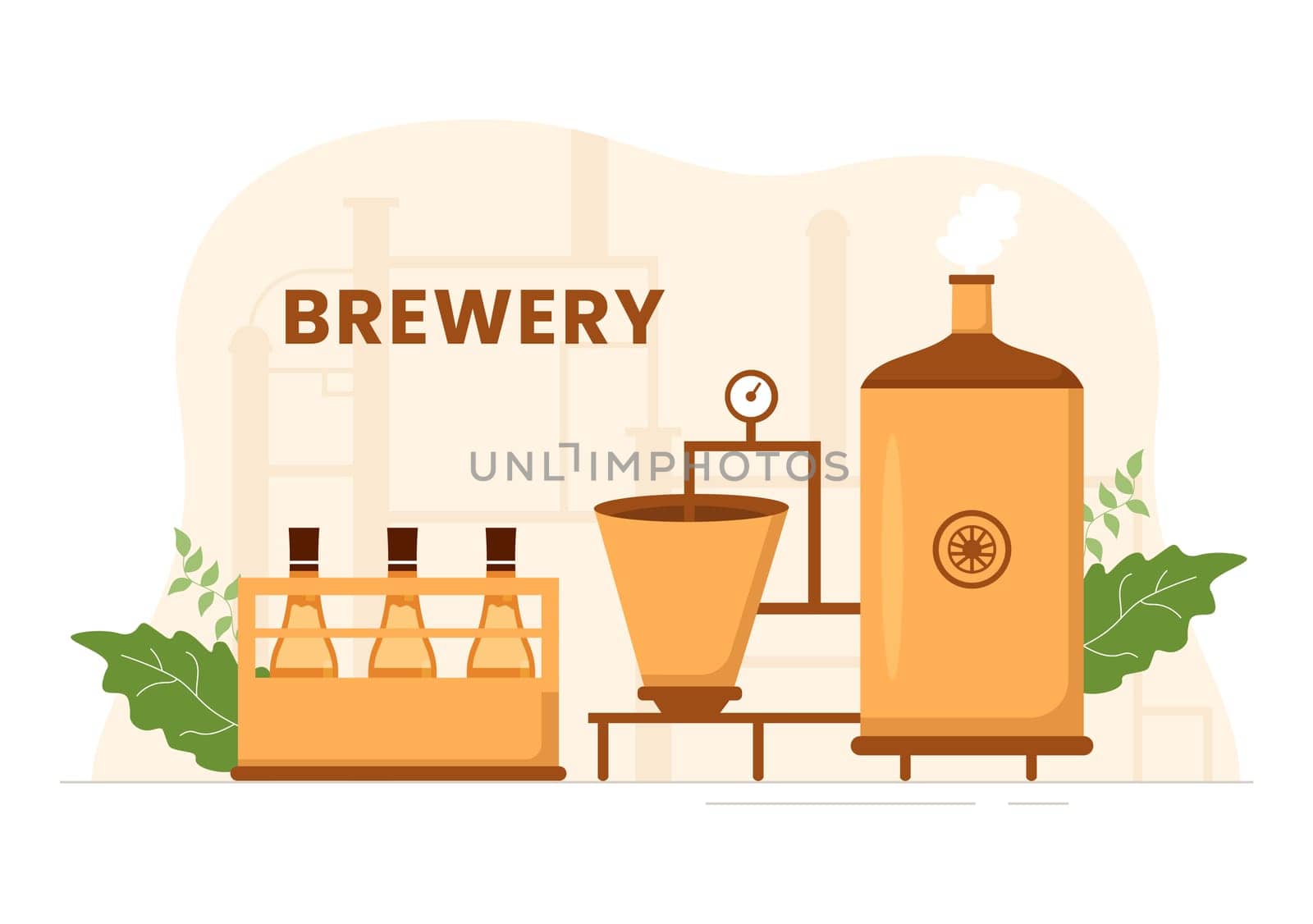 Brewery Production Process with Beer Tank and Bottle Full of Alcohol Drink for Fermentation in Flat Cartoon Hand Drawn Templates Illustration