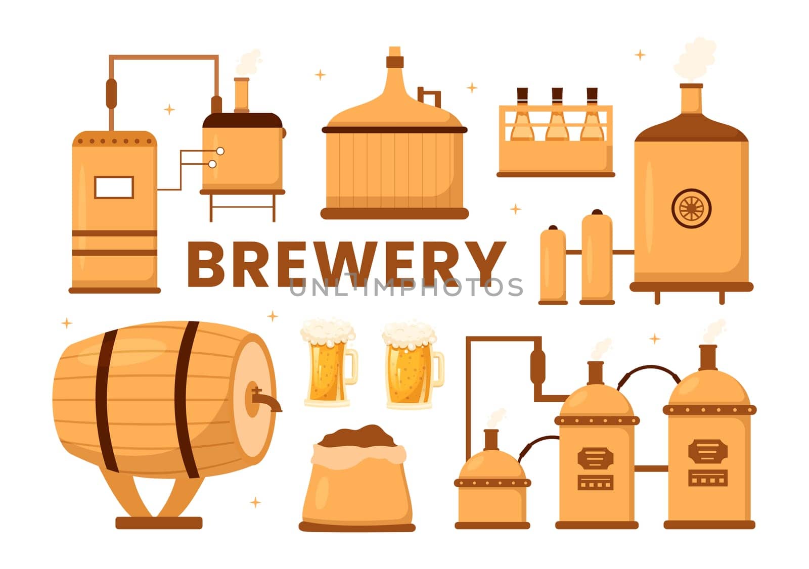 Brewery Production Process with Beer Tank and Bottle Full of Alcohol Drink for Fermentation in Flat Cartoon Hand Drawn Templates Illustration