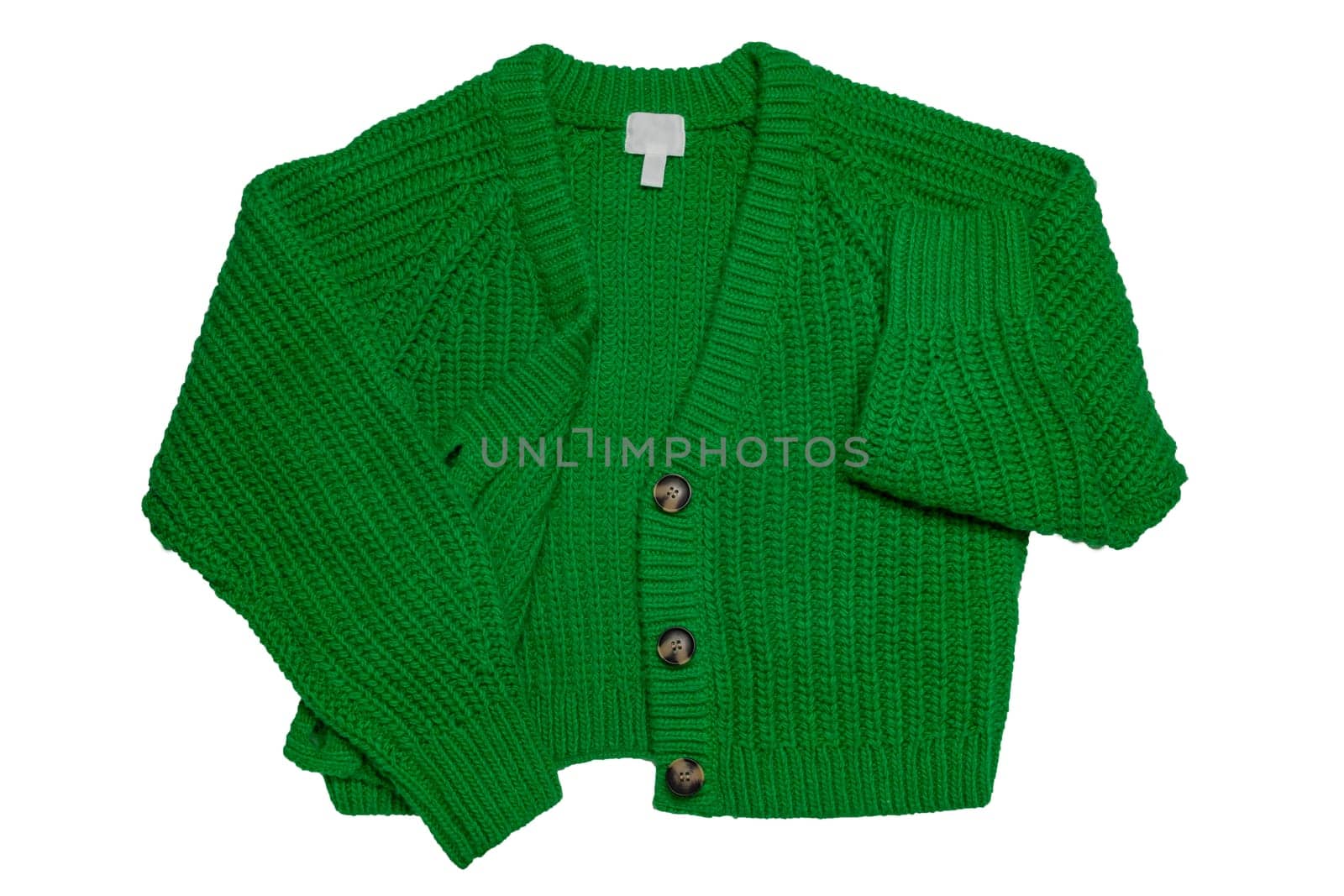 Casual elegant fluffy long-sleeved cardigan with V-neck and button closure isolated on a white background. Womens green sweater or jumper. Autumn and winter fashion.