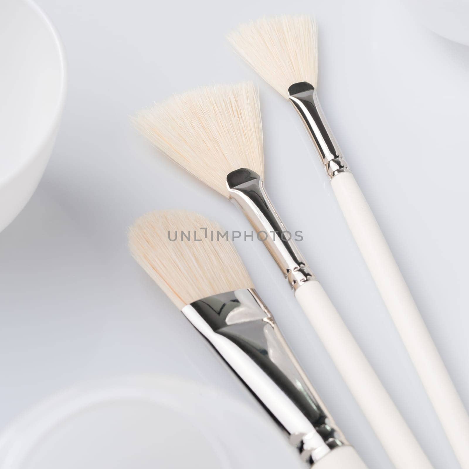 Set of three artist brushes with white bristles placed on a light background, showcasing their varying sizes and shapes.