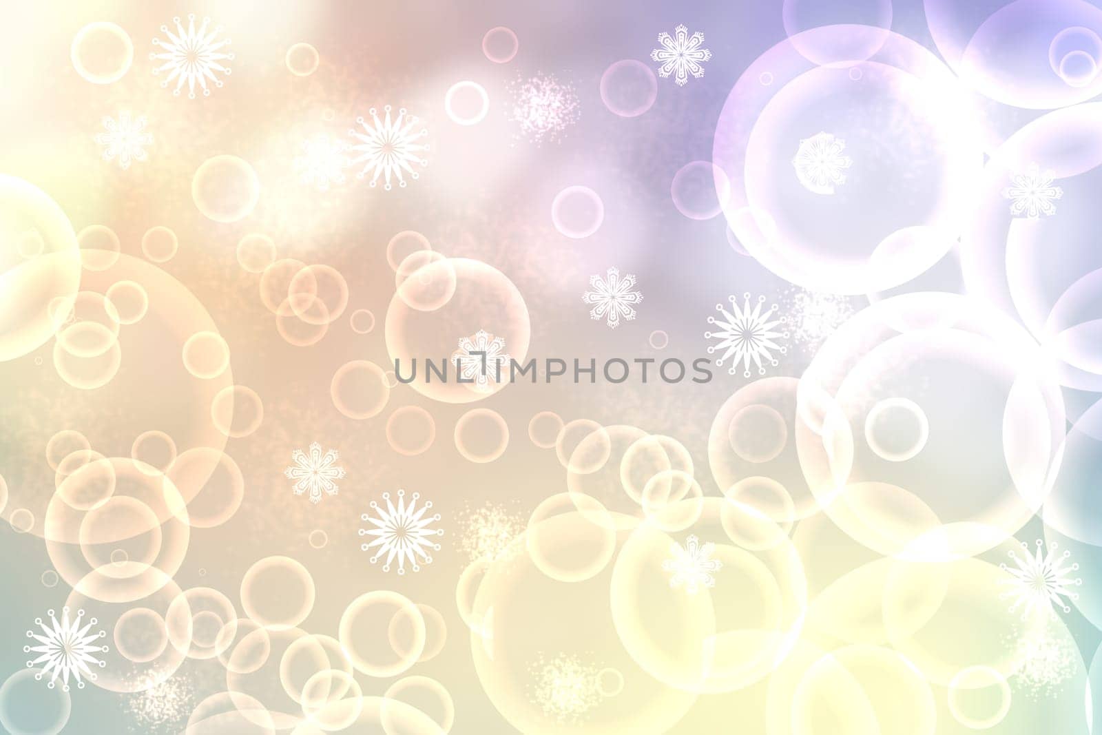 A festive abstract delicate Happy New Year or Christmas background texture with colorful gold yellow pink blurred bokeh lights and stars. Space for design. Card concept or advertising.