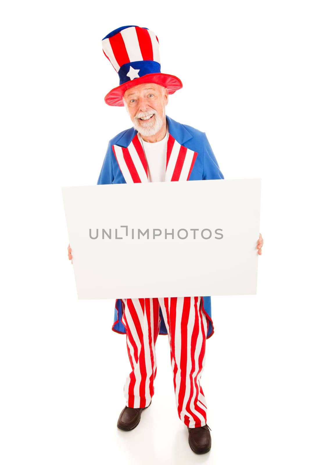 Realistic Uncle Sam holding a blank white sign ready for your text.  Isolated on white.