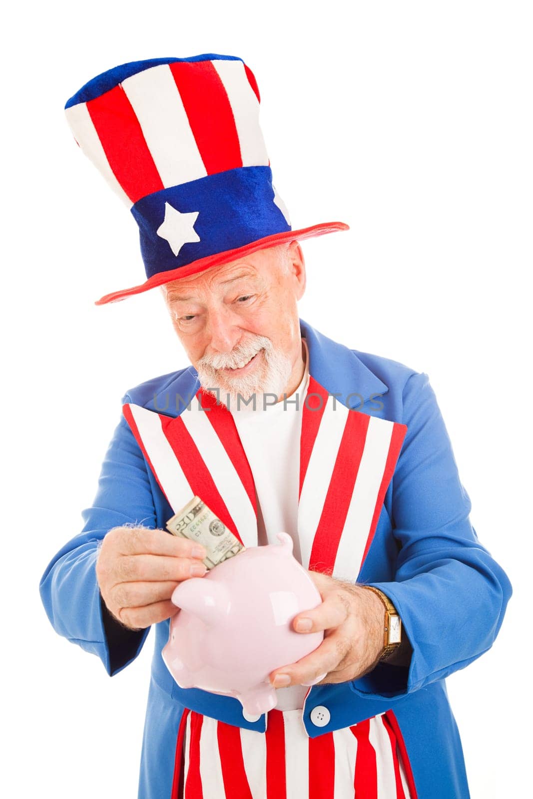 Realistic Uncle Sam saving money in his piggy bank.  Metaphor for American economy.  Isolated
