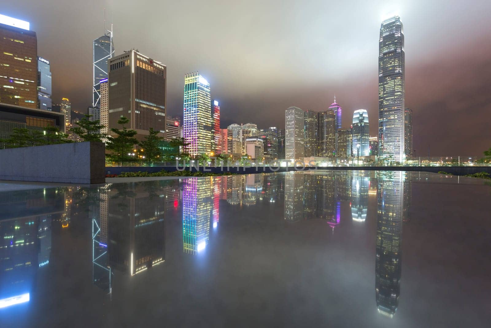 Hong Kong City, This photo was shot from the harbour front. The reflection of building at night time.