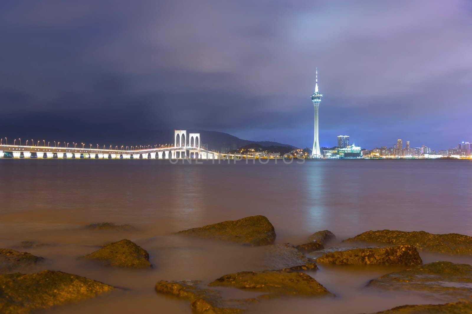 Macau Tower and Ponte de Sai Van bridge, This photo was shot in the evening after sunset.