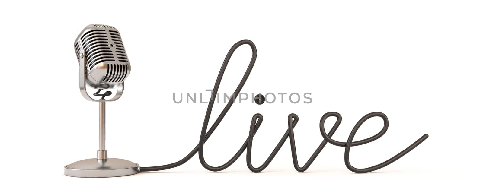 LIVE word made of microphone cable 3D rendering illustration isolated on white background