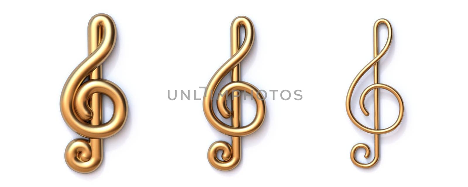 Set of Three golden treble clef 3D rendering illustration isolated on white background
