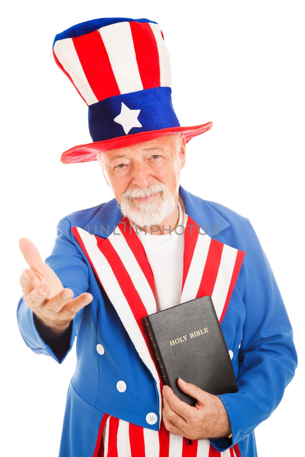 American icon Uncle Sam holding a bible and making a welcoming gesture.  Isolated on white