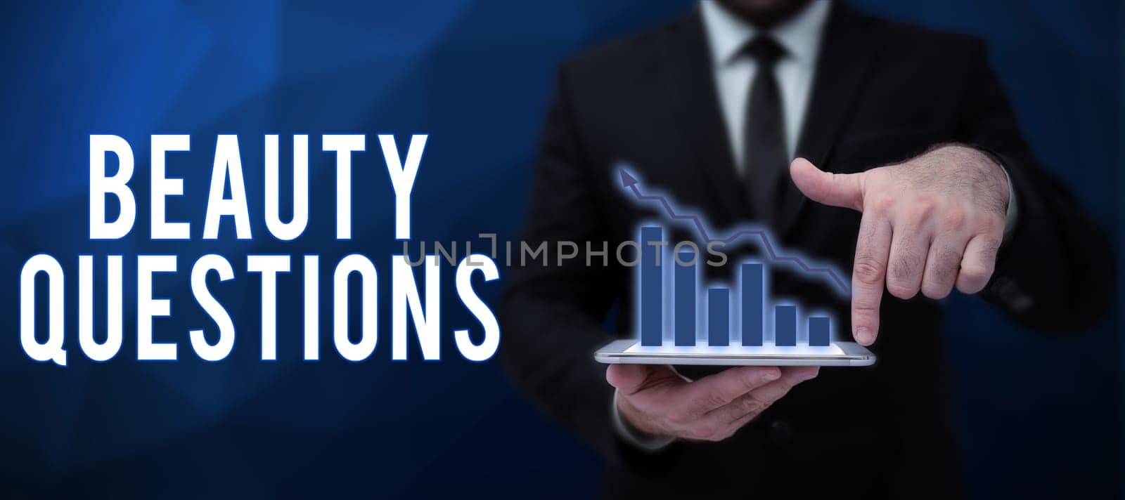 Hand writing sign Beauty Questions, Word Written on digital marketplace where traders can buy and sell bitcoins Lady in suit holding pen symbolizing successful teamwork accomplishments.