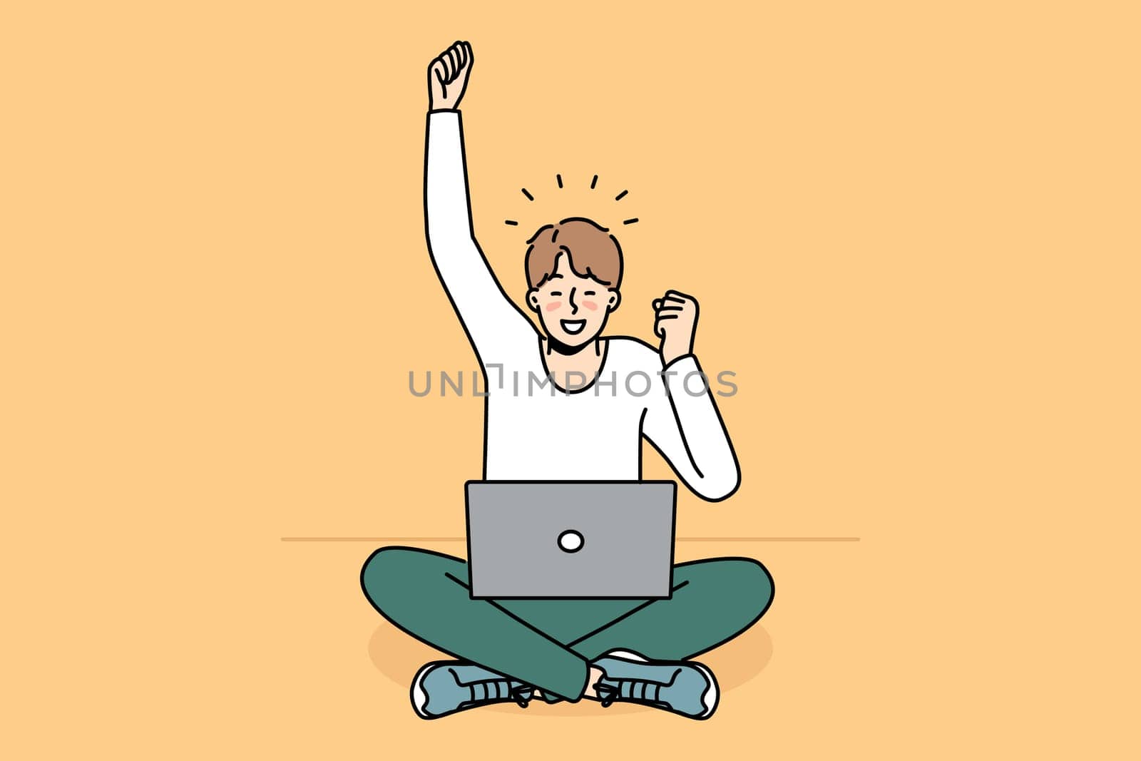 Excited young man use laptop triumph with good news or message online. Happy guy feel emotional celebrate success or promotion. Vector illustration.