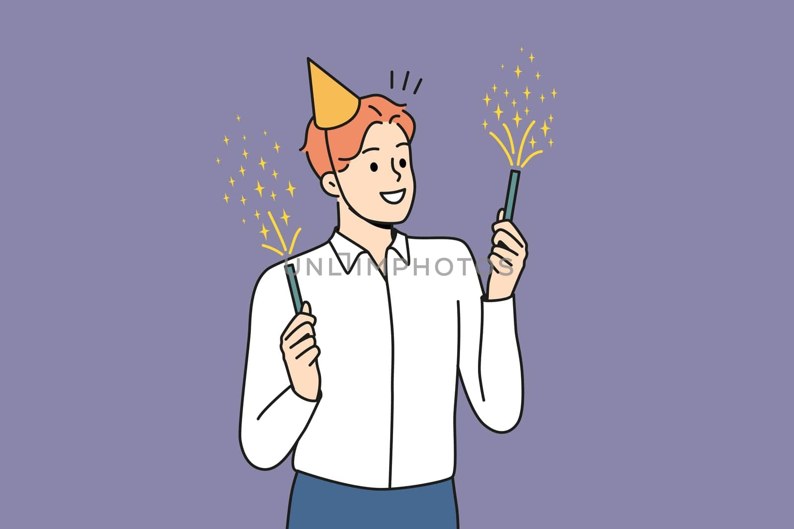 Smiling young man in birthday hat holding sparklers celebrating. Happy businessman have fun enjoy fireworks at party. Vector illustration.