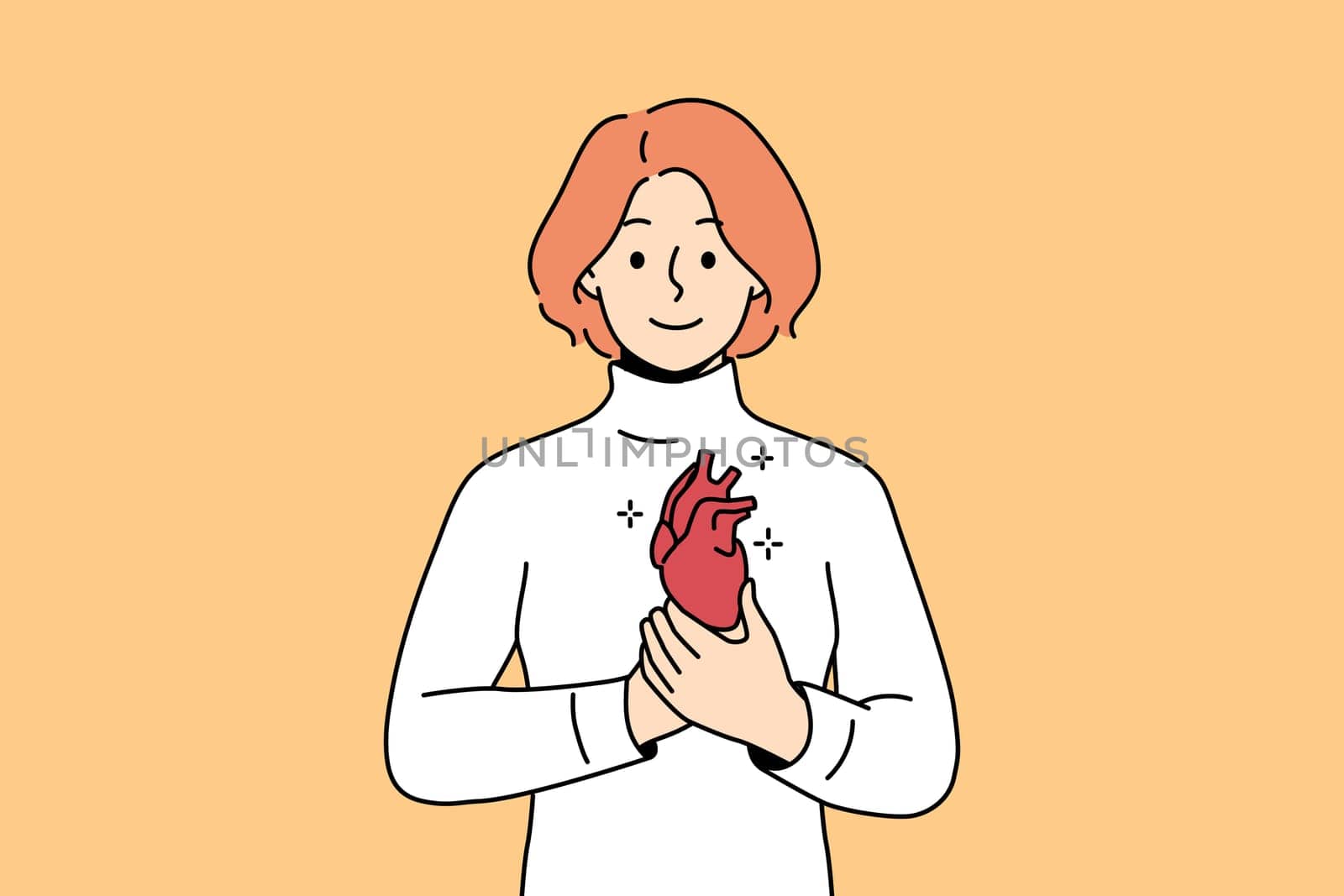 Smiling young man holding heart in hands. Happy female demonstrate healthy heart. Cardiovascular problem and healthcare. Vector illustration.