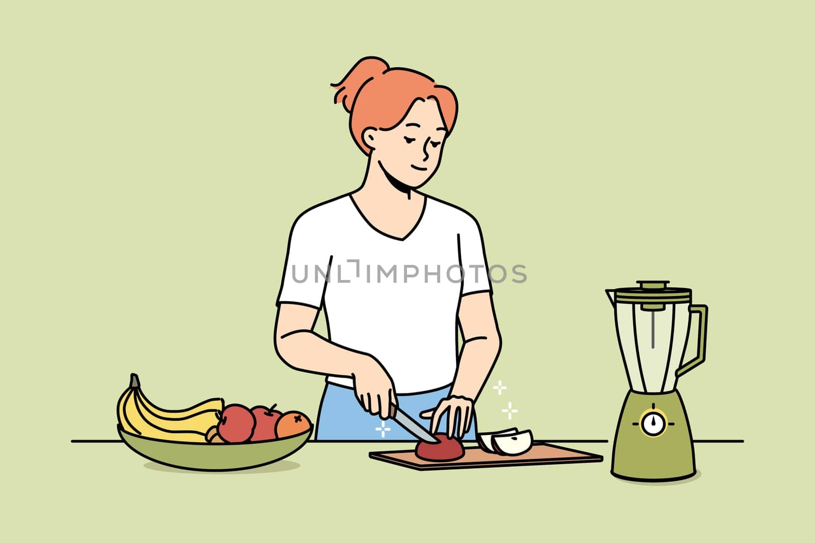 Happy young woman chopping fruits for smoothie. Smiling girl cut fresh fruit in kitchen follow healthy lifestyle. Vector illustration.
