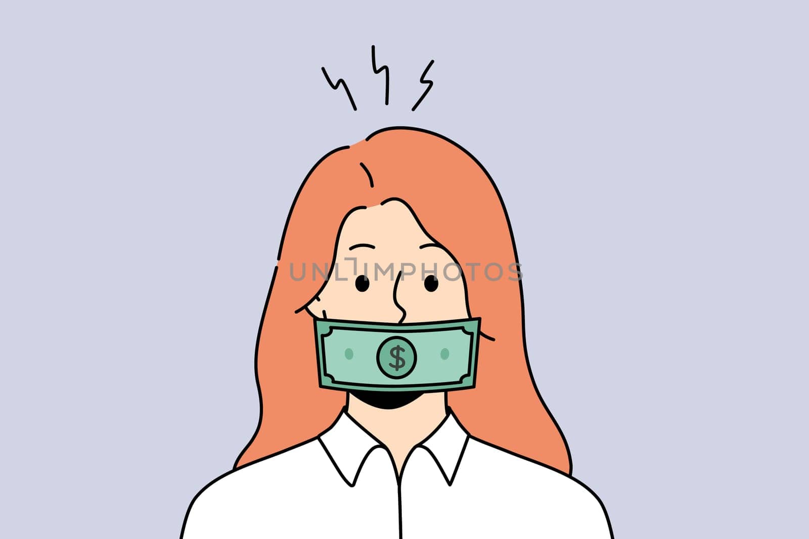 Woman with dollar banknote on mouth get bribe. Female with money covering face engaged in corruption and bribery. Vector illustration.