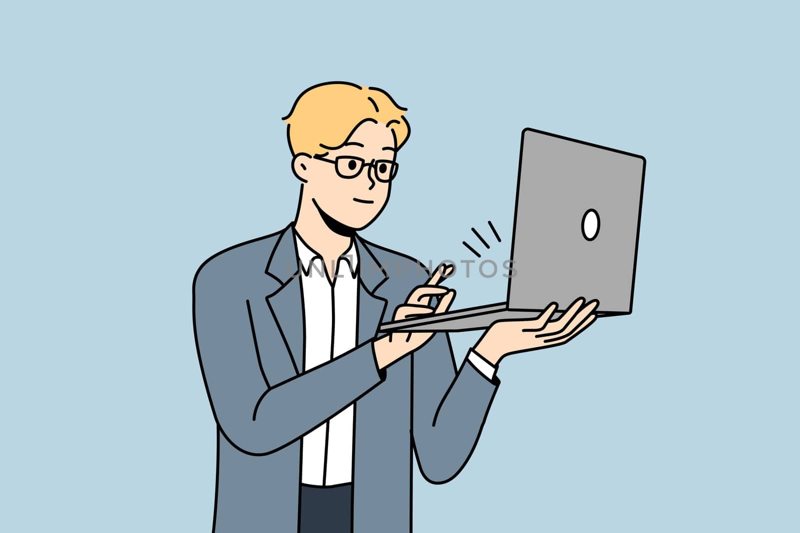 Smiling young man in formal wear working on laptop. Happy businessman busy online on computer. Vector illustration.