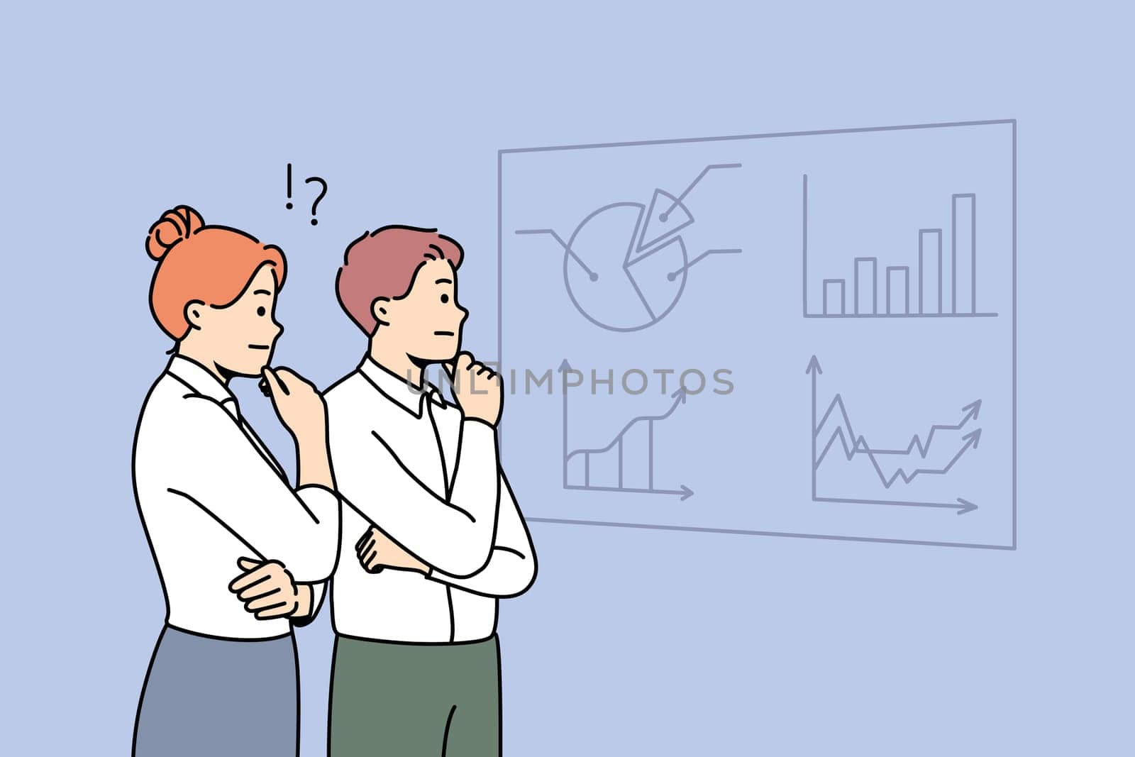 Pensive businesspeople look at board brainstorming on financial ideas. Thoughtful employees cooperate together engaged in team thinking. Teamwork. Vector illustration.