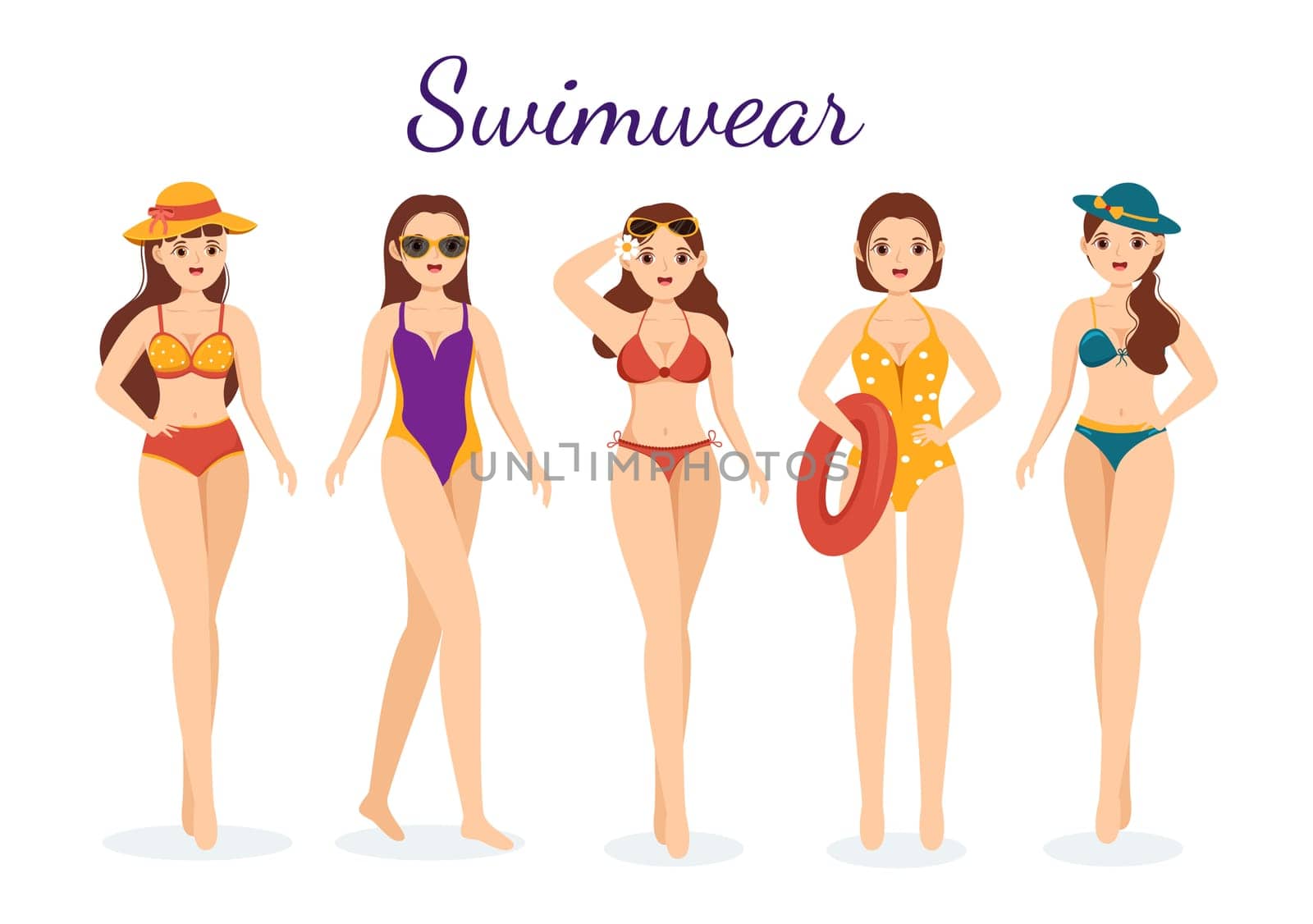 Swimwear with Different Designs of Bikinis and Swimsuits for Women at the Summer Beach in Flat Style Cartoon Hand Drawn Templates Illustration