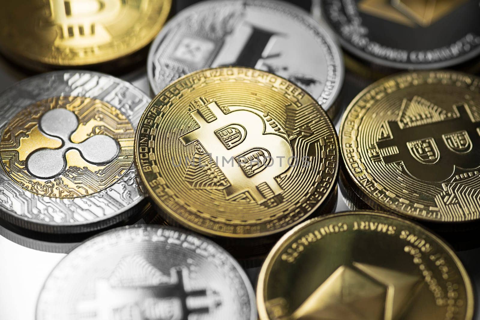 Bitcoin and alt coins cryptocurrency close up shoot