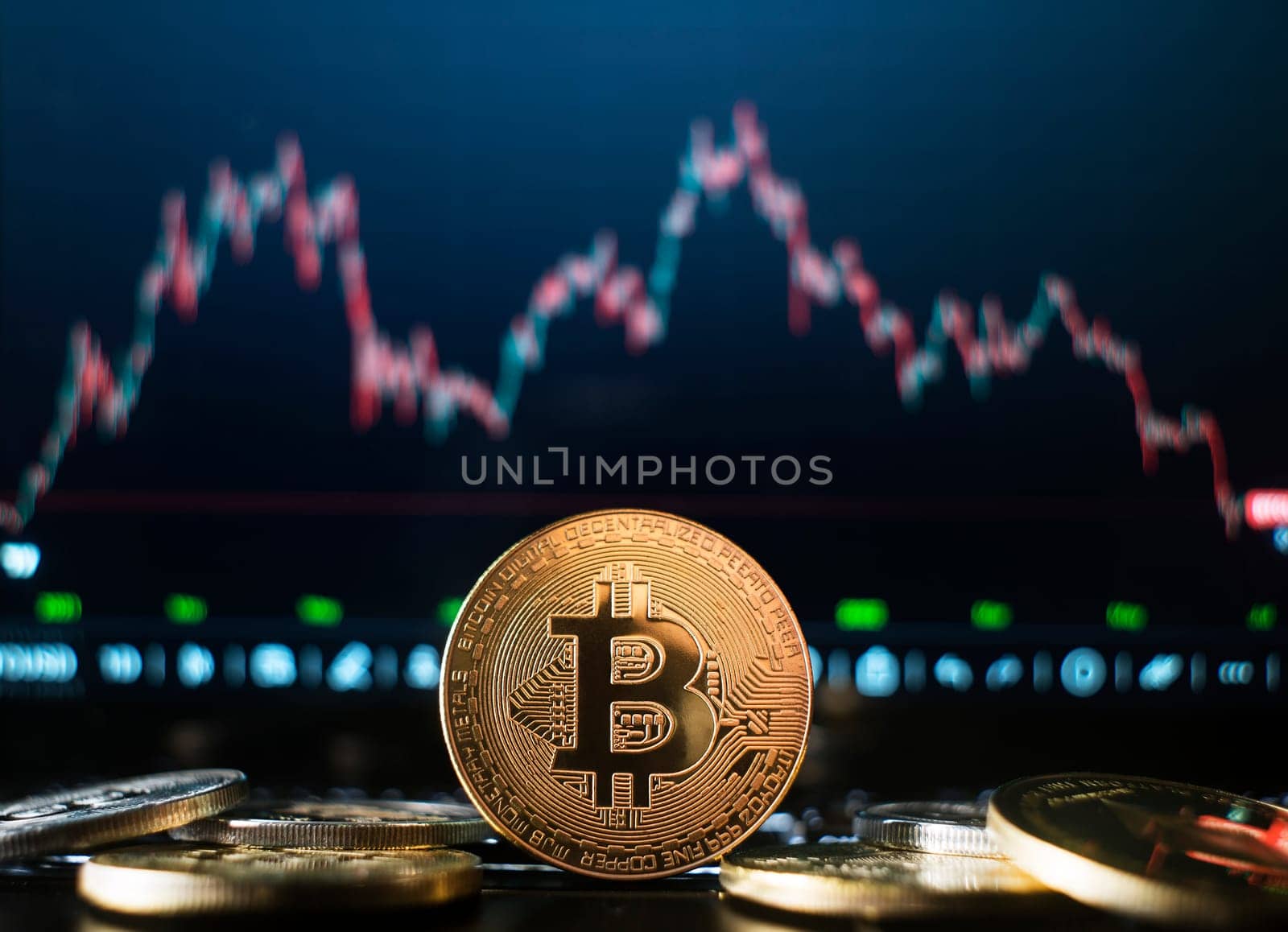 Bitcoin and cryptocurrency investing concept. Bitcoin cryptocurrency coins. Trends in bitcoin exchange rates. Graph review of Annual Report Rise and fall bitcoin