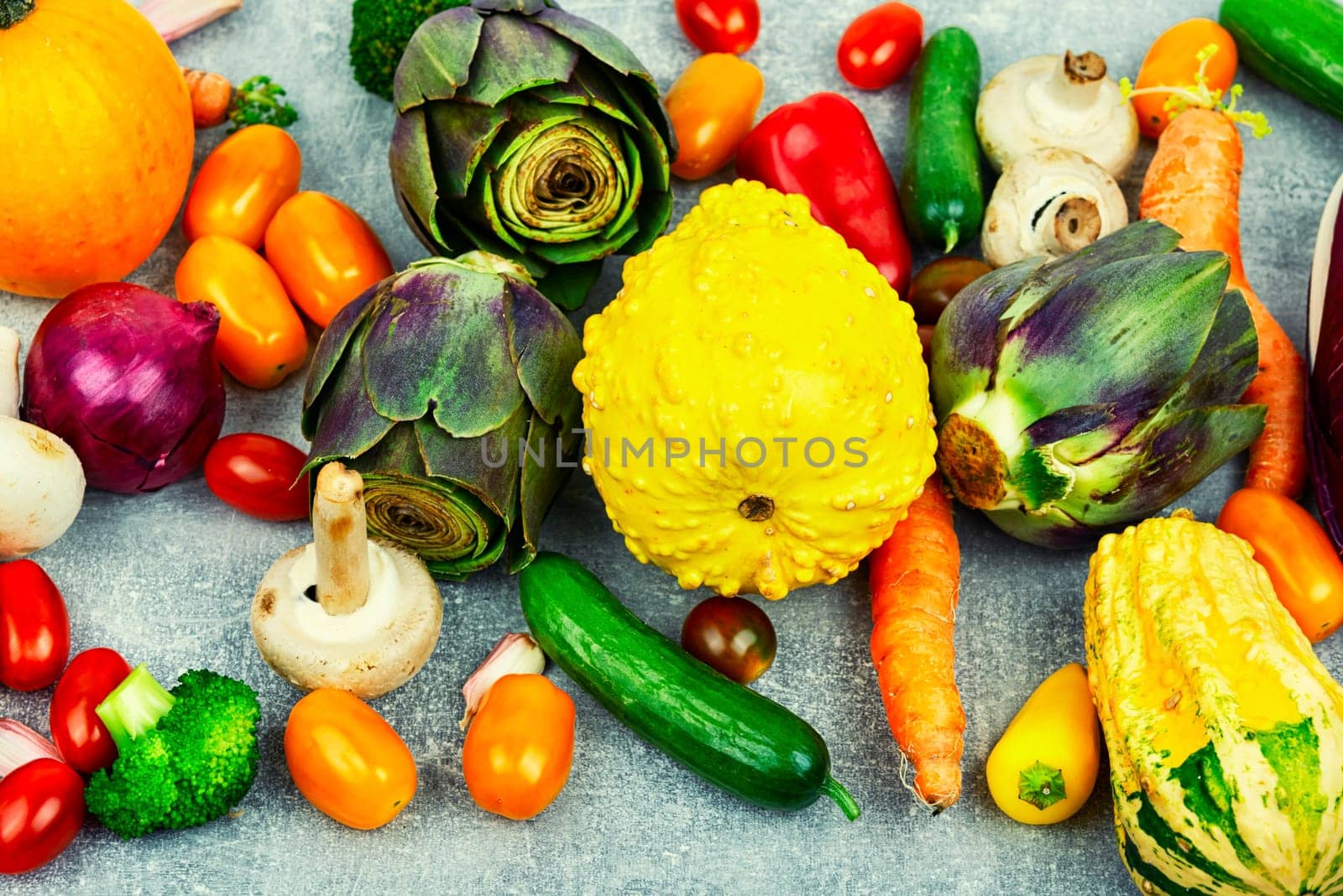 Assortment of fresh vegetables. Variety of raw vegetable ingredients.