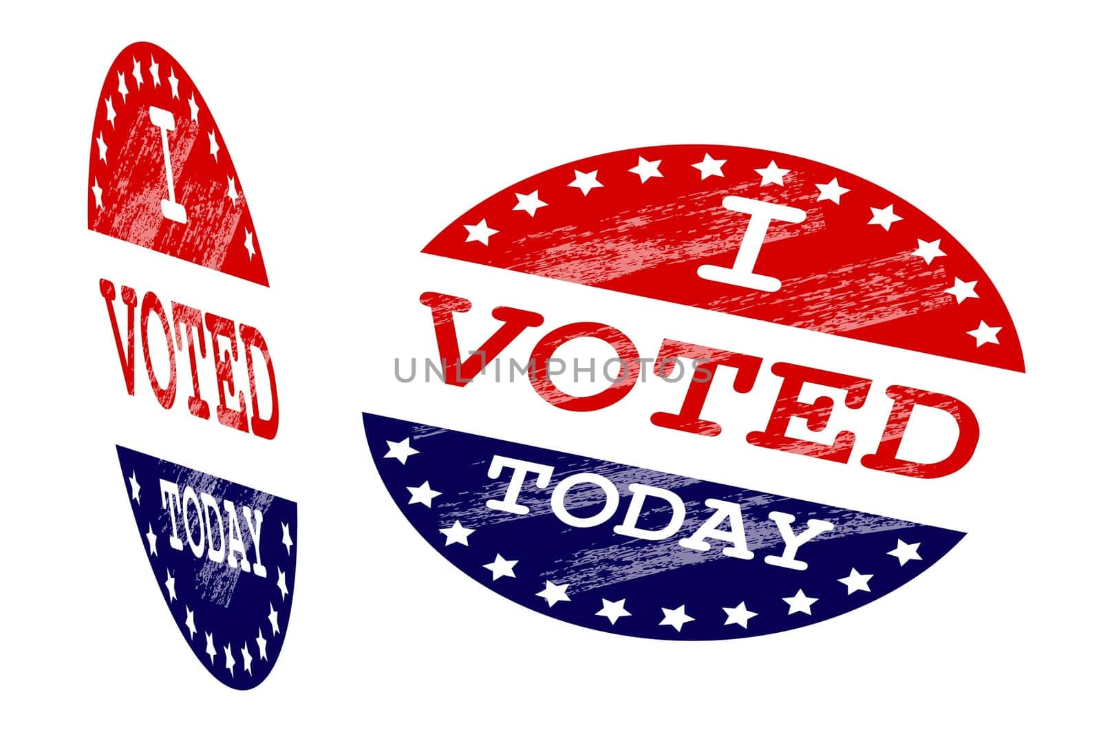 Two stickers with the inscription I voted today in a grunge style projection close-up on a white background. Vector image