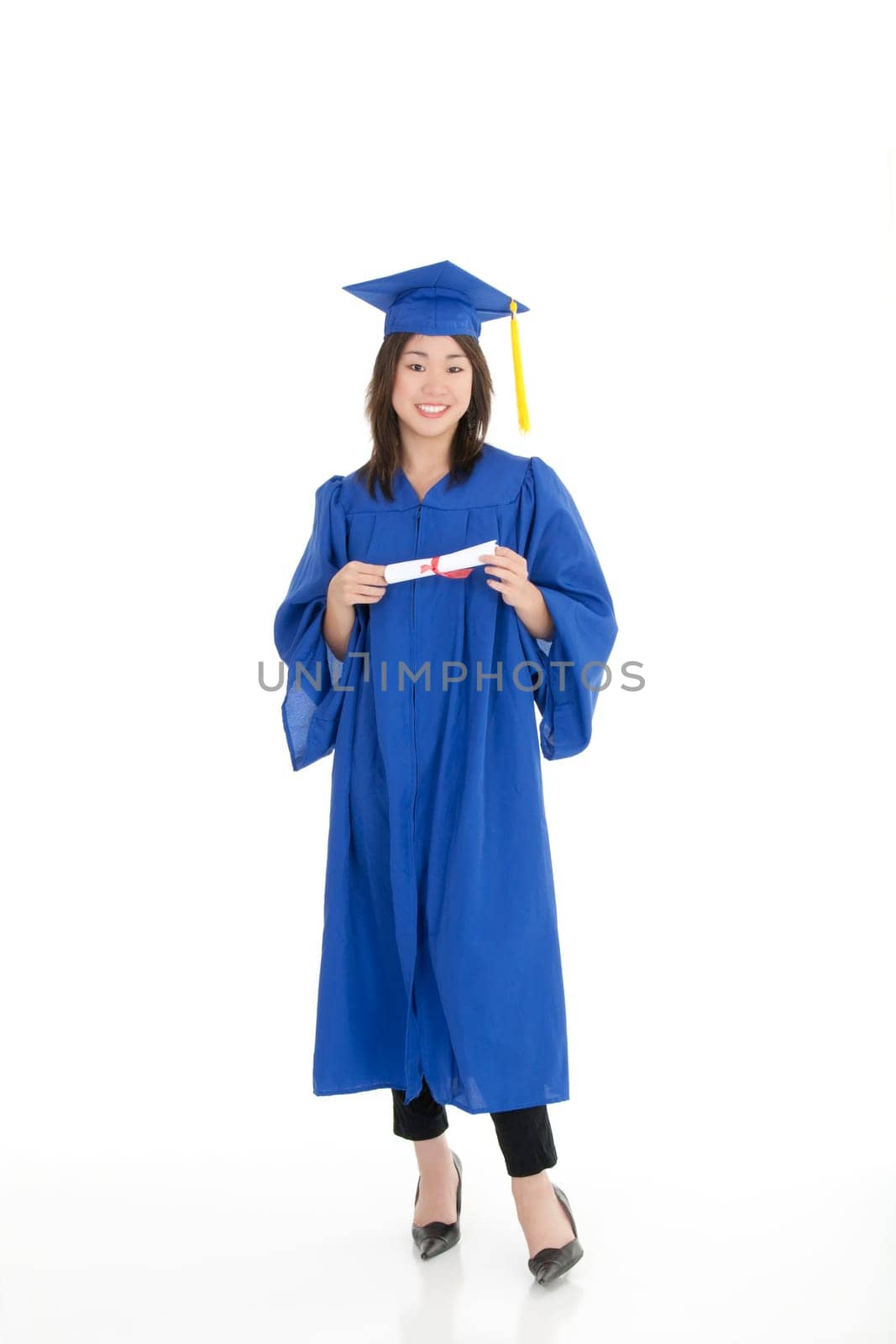 Asian teenage very excited about graduation on white background