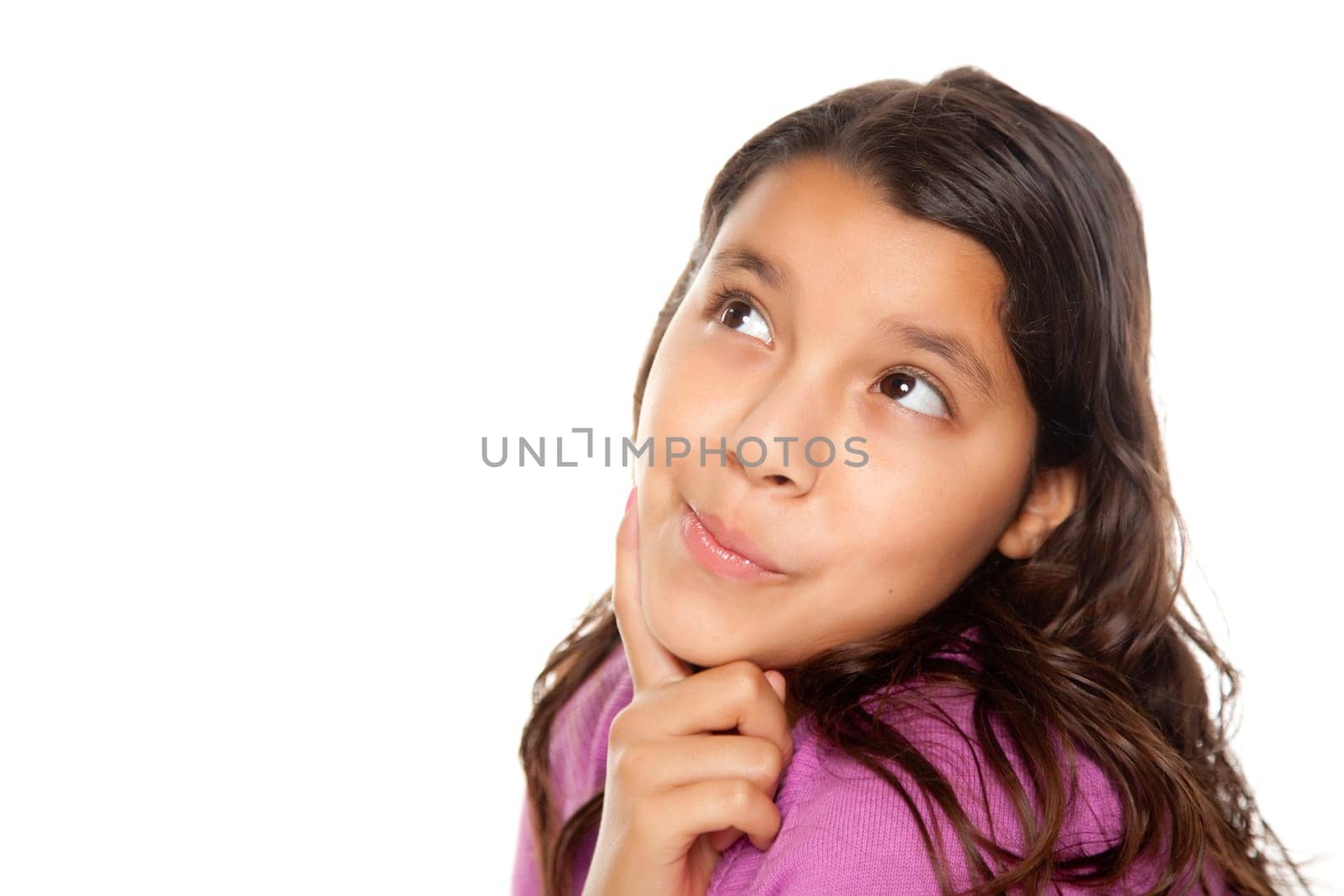 Pretty Hispanic Girl Thinking Isolated on a White Background.