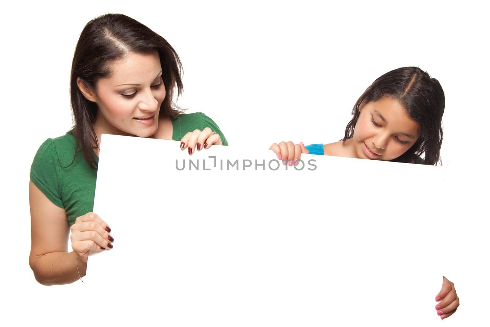 Pretty Hispanic Girl and Mother Holding Blank Board Isolated on a White Background.