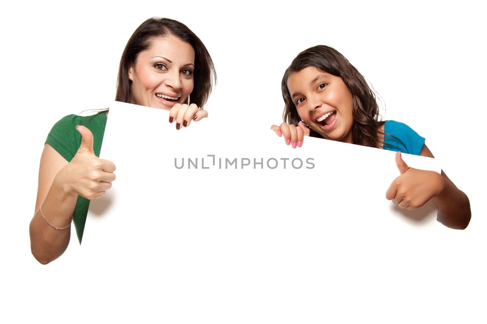 Pretty Hispanic Girl and Mother Holding Blank Board Isolated on a White Background.