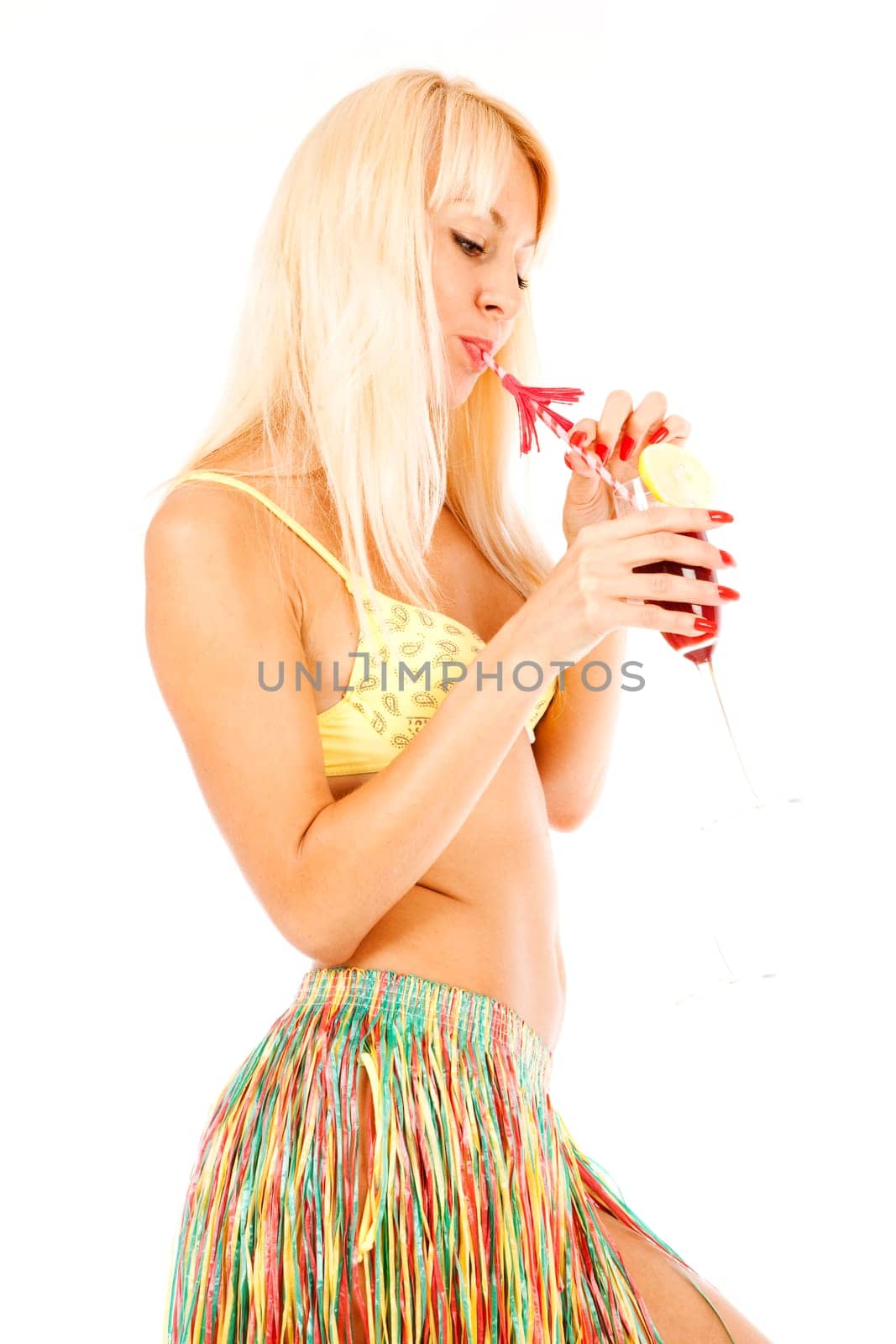 pretty long hair blond in bikini with glass of coctail