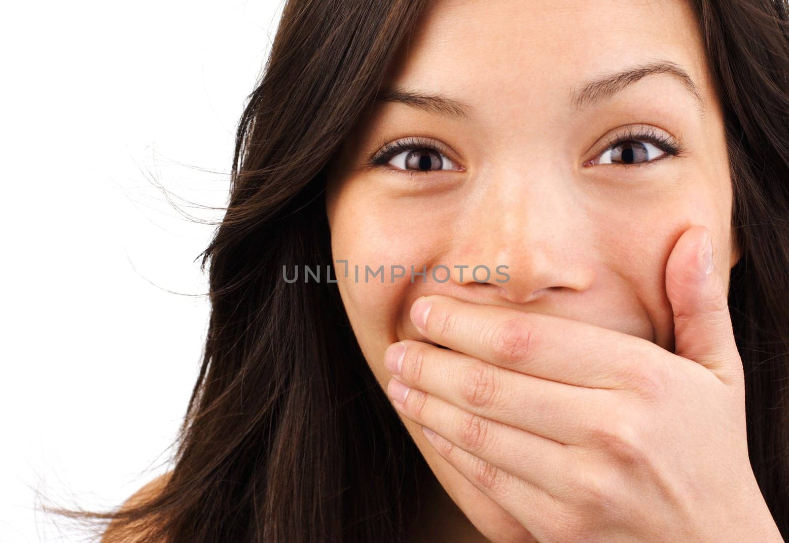 Closeup of very happy and surprised mixed asian / caucasian woman. Isolated on white background.