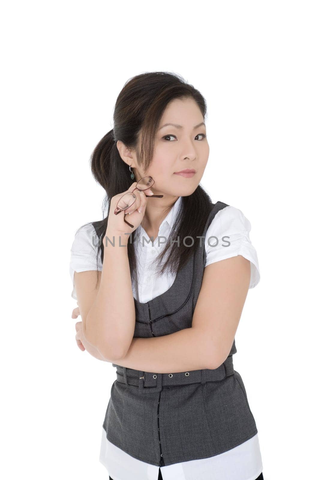 A beautiful and confident Asian businesswoman on white background