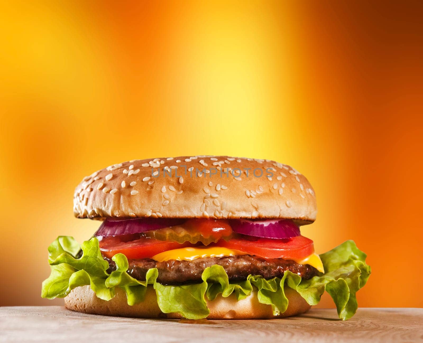 Cheeseburger with onions tomato and ketchup