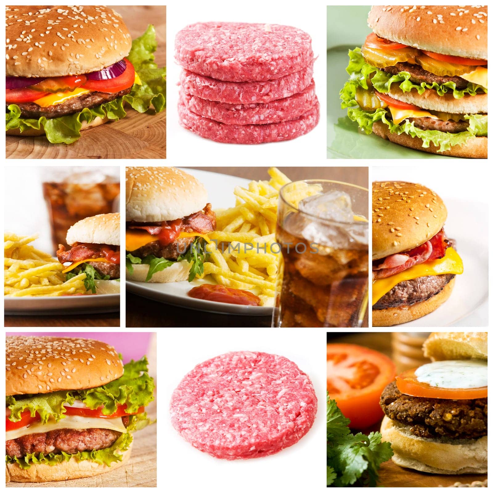 Fastfood collage with lots of hamburgers