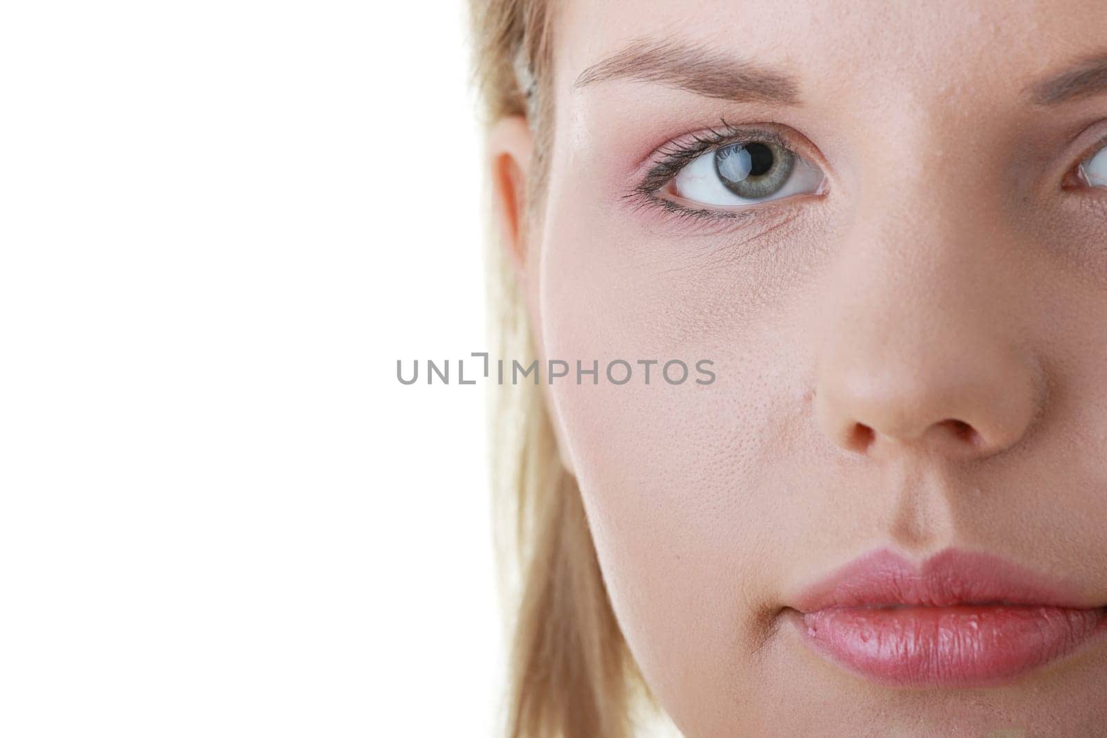 Casual young woman face close up  isolated on white