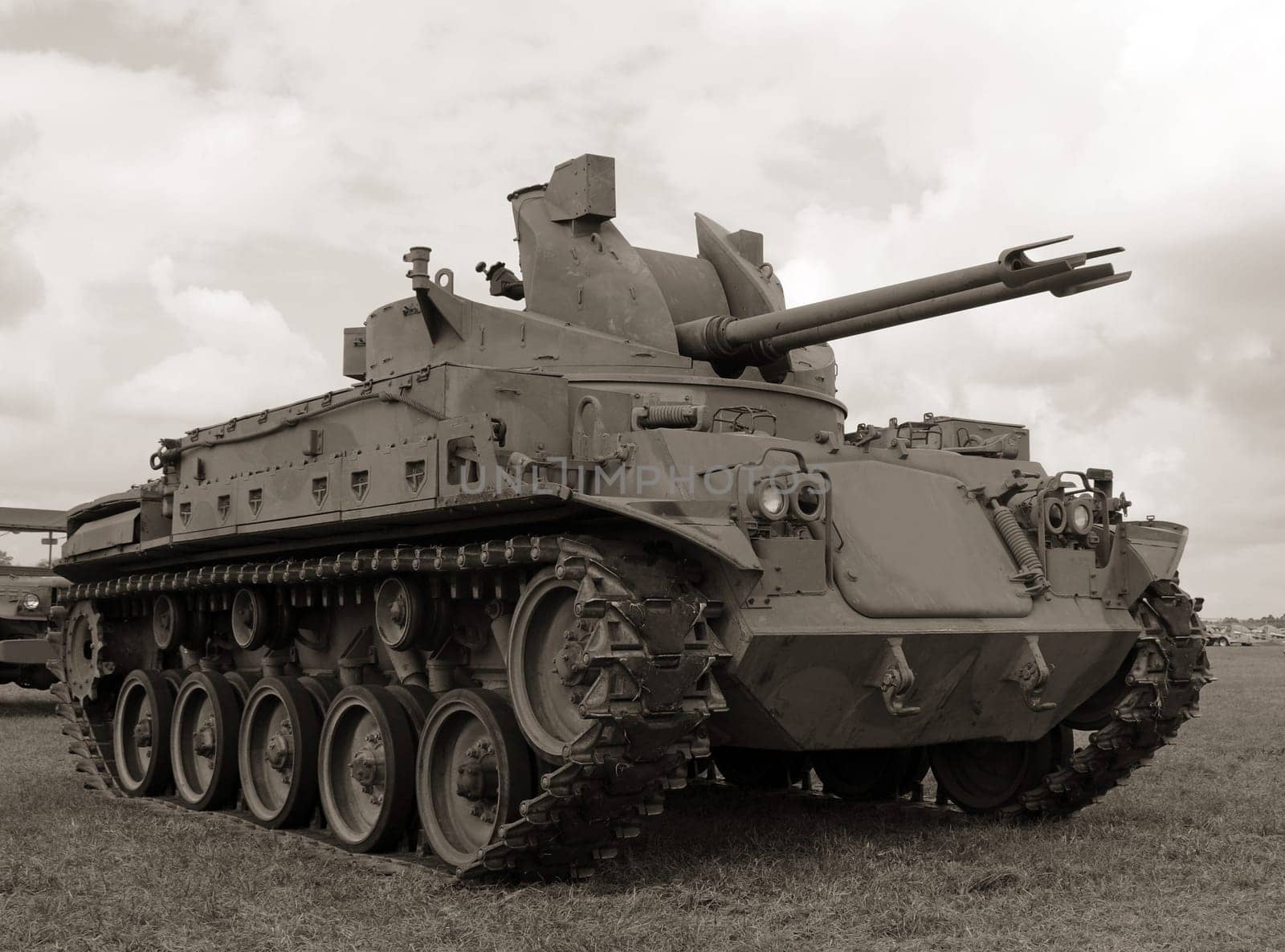 Black and white photo of vintage tank