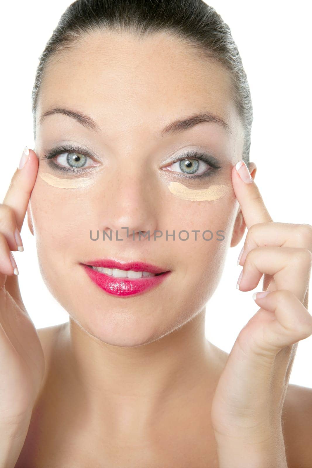 Beauty closeup portrait of a red lips woman and cosmetic cream