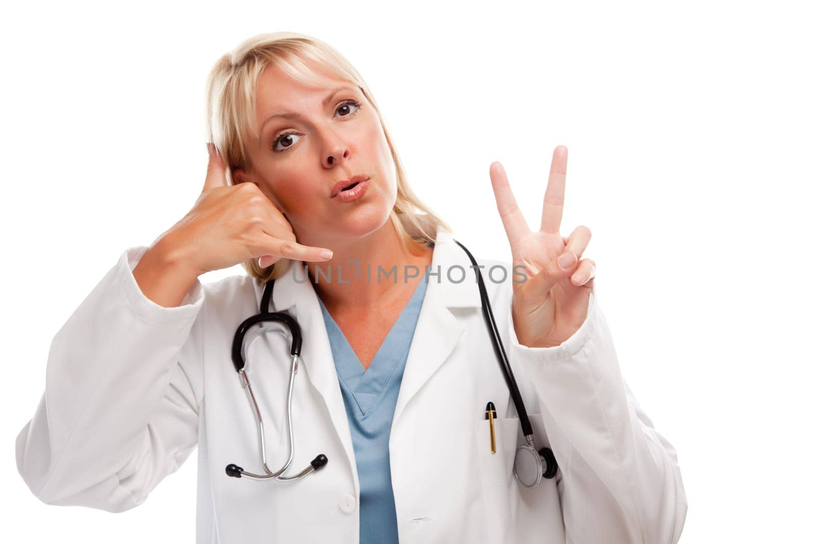 Friendly Female Blonde Doctor or Nurse Saying Take Two and Call Me Isolated on a White Background.