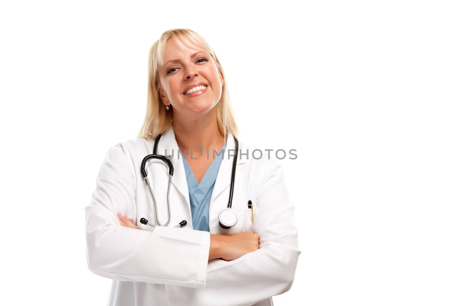 Friendly Female Blonde Doctor or Nurse Isolated on a White Background.