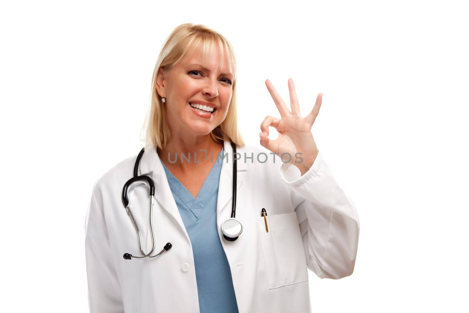 Friendly Female Blonde Doctor or Nurse with Okay Sign Isolated on a White Background.