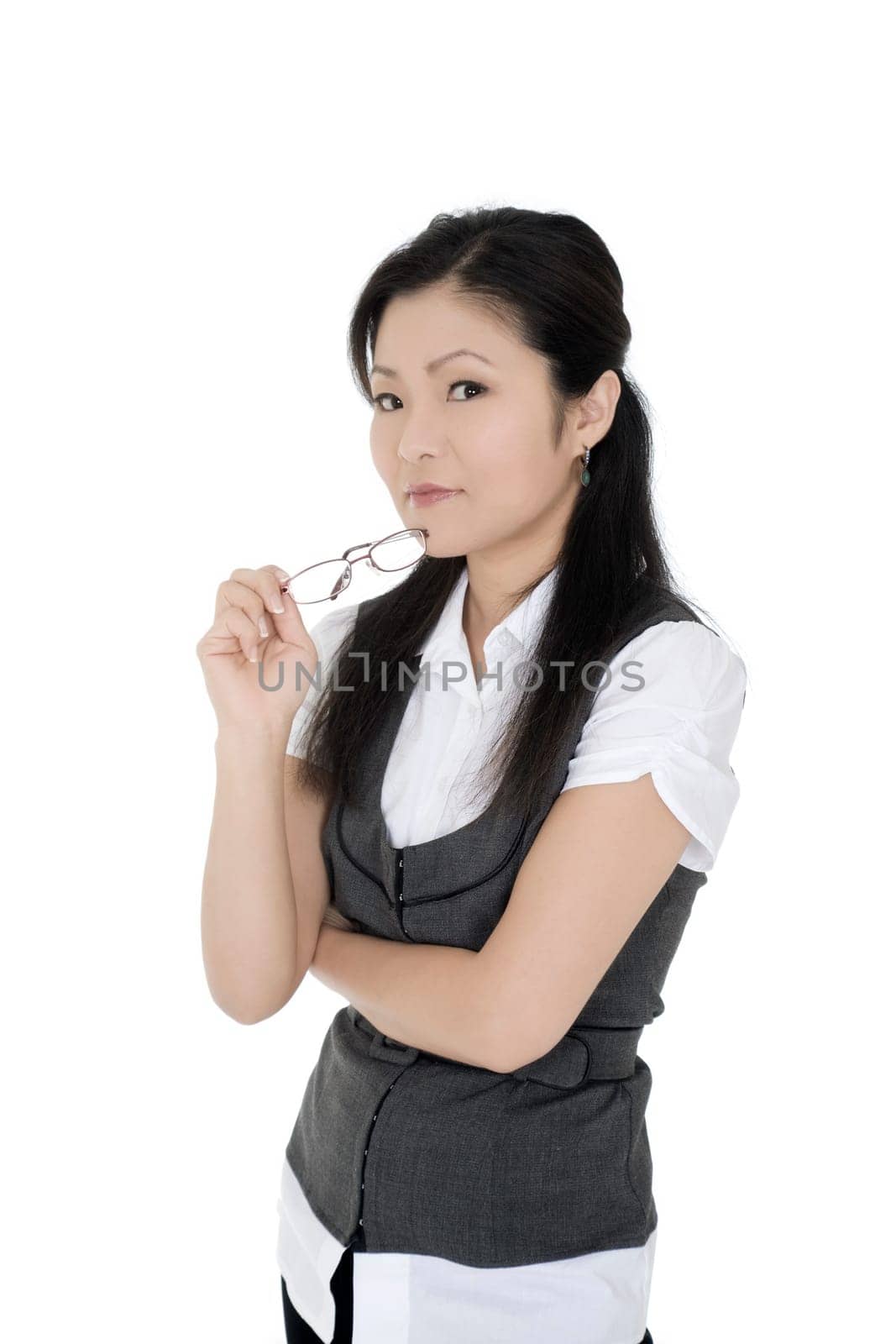 A beautiful and confident Asian businesswoman on white background