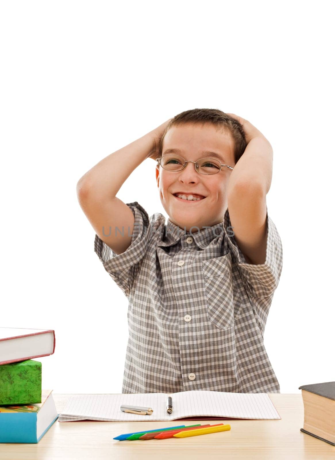 Happy schoolboy fined the solution to do his homework - isolated