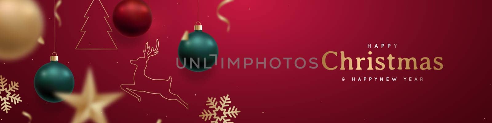 Christmas and New Year red banner. Festive background with hanging red, green and golden balls, star, snowflakes, christmas tree. Xmas balls motion blur effect.
