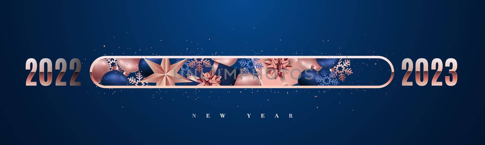 Progress bar filled with Christmas gifts, Christmas decorations and snowflakes. Loading bar counting down for New years eve. Happy New Year 2023.