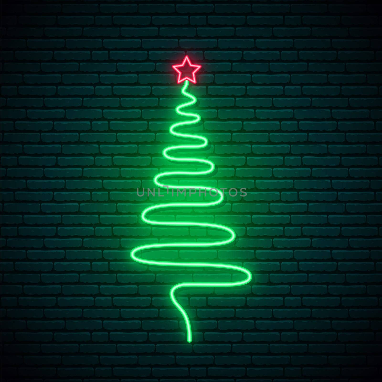 Decorative neon shining Christmas tree with star. Glowing line in form of Xmas tree. One line design. Template for banner, website advertising, party invitation, social media.