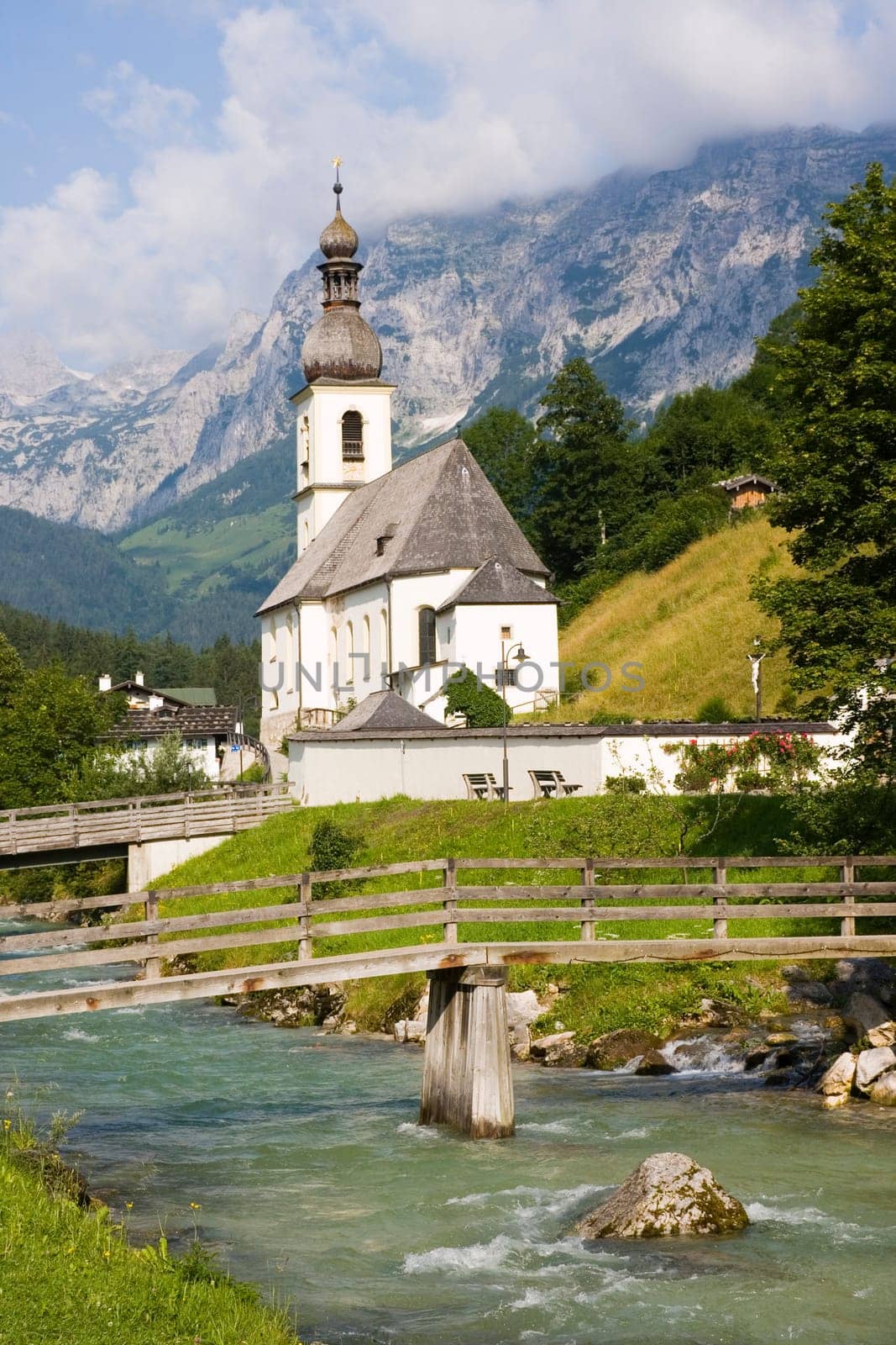 Scenic view of the famous little church of Ramsau in Bavaria, Germany.