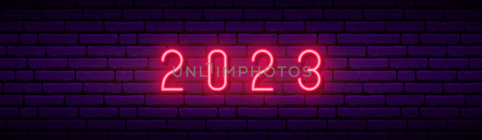2023 Happy New Year long horizontal banner. Red number 2023 Neon signboard on dark brick wall background. Vector template for social media, social network, web neader.
